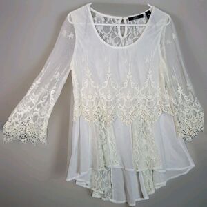 BKE Btq Boho Cottage Fairy Blouse Top Womens Medium Cream Sheer Crochet Chiffon